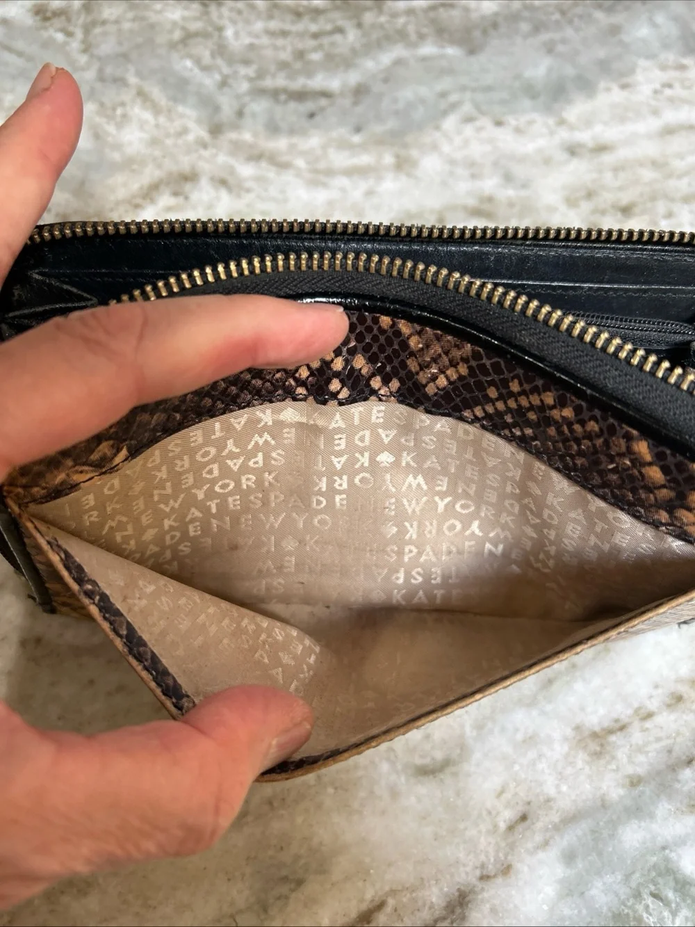Kate Spade Snakeskin Embossed Leather Metallic Zip Large Wallet in Tan/Black